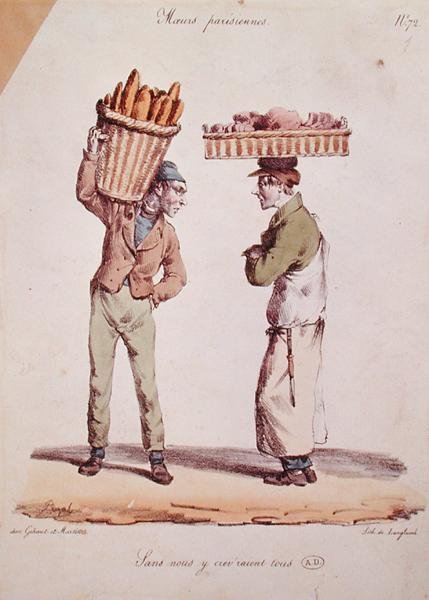 Caricature of two young tradesmen talking, plate number 72 from the Moeurs Parisiennes series, engraved by Langlume, c.1820