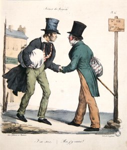 One man leaving and the other returning to hospital, caricature from the Moeurs Parisiennes series, engraved by Langlume, c.1825