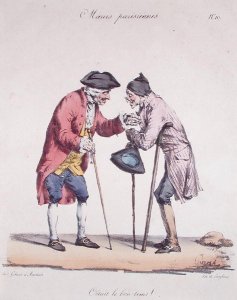 Those Were the Good Old Days, caricature from the Moeurs Parisiennes series, engraved by Langlume, c.1825