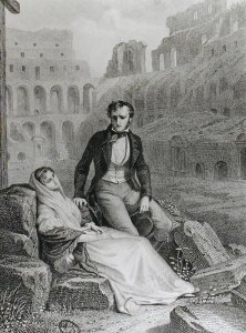 Francois Rene 1768-1848 Vicomte de Chateaubriand and Pauline de Beaumont in the ruins of the Colosseum, illustration from Memoires d'Outre-Tombe by Chateaubriand, engraved by Jean Charles Pardinel 1808-c.1861