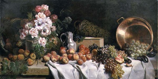 Still life with flowers and fruit on a table