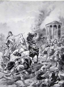 Boadiceas attack upon Camulodunum, 60AD, illustration from The History of the Nation