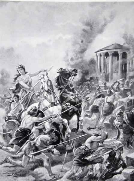 Boadiceas attack upon Camulodunum, 60AD, illustration from The History of the Nation 2