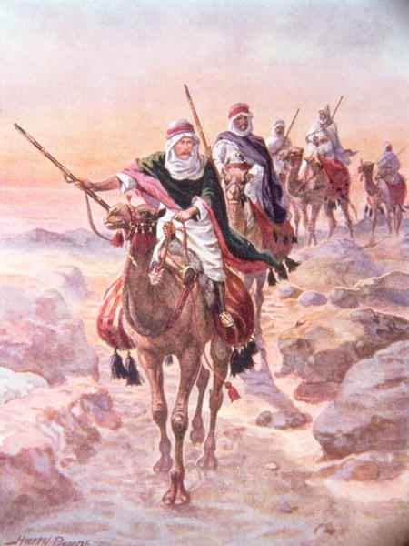 Lord Kitchener, Disguised as an Arab, Riding Across the Desert to Dongola, illustration from Brave Deeds by Brave Men by C. Sheridan Jones, pub. 1922