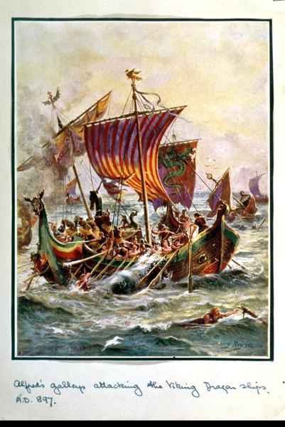 Alfreds galleys attacking the Viking Dragon ships, 897 AD, illustration from Hutchisons Story of the British Nation, c.1920