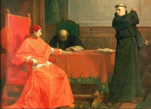 Luther in front of Cardinal Cajetan during the controversy of his 95 Theses, 1870