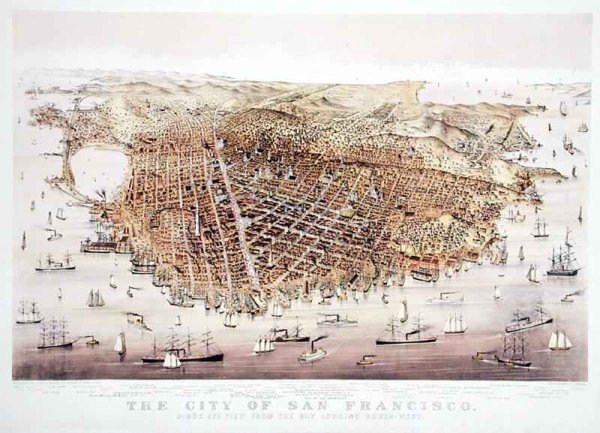 The City of San Francisco, birds-eye view from the Bay looking south-west, published by Currier and Ives