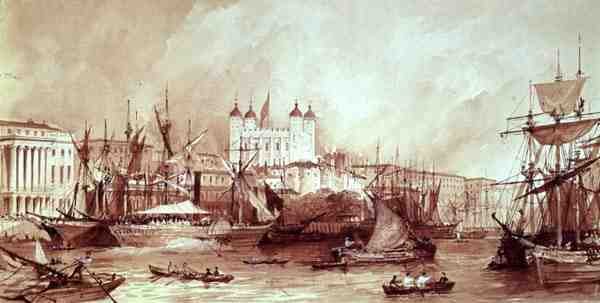 View of the Tower of London from the River Thames at Custom House, c.1840