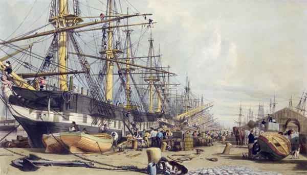 West India Docks, from London from the Thames, 1840