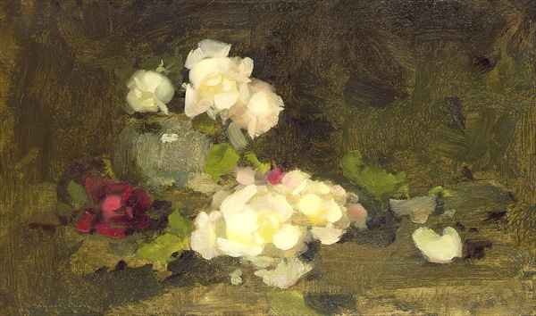 Still life of yellow and red roses in a green vase