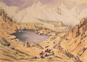 Soldiers invading Tibet from Nepal entrance to the Keerung Pass. The plain is part of the Town of Keerung with the Valley of Pauring Tiar and the Buoria Gondu river May 1855