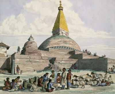 Tibetans and their Sheep at the Stupa at Bodnath near Kathmandu 1852-60