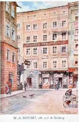 Postcard depicting the house in Salzburg where Wolfgang Amadeus Mozart 1756-91 was born 1912