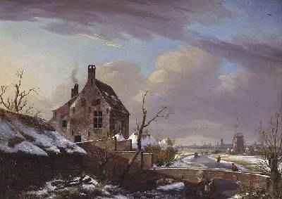 Winter Landscape with figures by a bridge