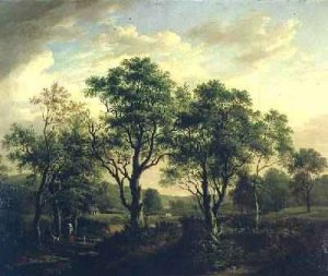 Wooded river landscape with figures and cattle