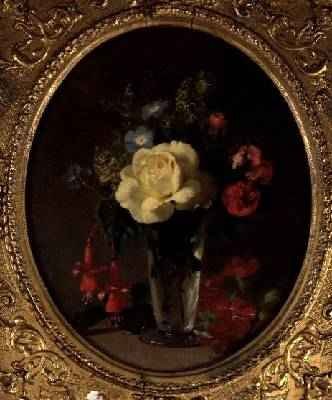 Still Life of a Yellow Rose Mignonette and Fuchsias