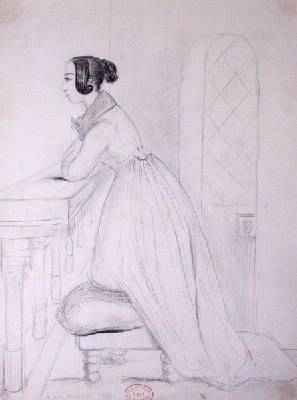 George Sand 1804-76 kneeling on a pouffe and with her elbows on a balustrade 1833