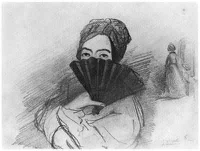 Portrait of George Sand 1804-76 behind her fan