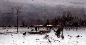 Hunters with their dogs in a Winter Landscape at Sunset 1873