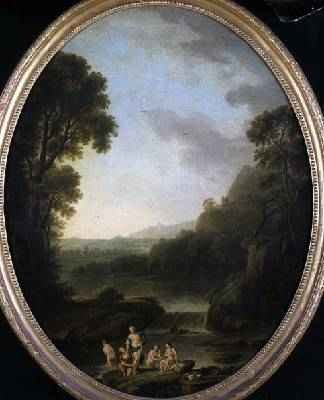 A wooded landscape with bathers