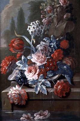 Still Life of Flowers by a Fountain