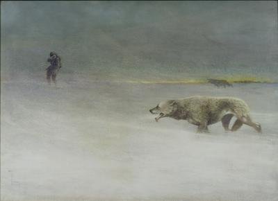 Wolves hunting an explorer 1900