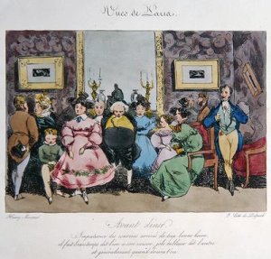 Humorous Depiction of the Behaviour and Conversation of Guests before Dinner cartoon for Vues de Paris esquisses morales et philosophiques