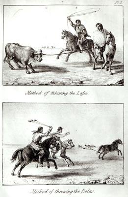 Methods of Throwing the Lasso and the Bolas from Travels in Chile and La Plata by John Miers 1826