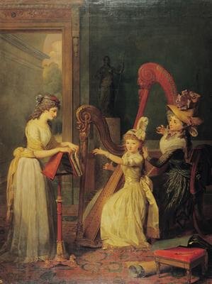 Harp lesson given by Madame de Genlis to Mademoiselle dOrleans with Mademoiselle Pamela Turning the Pages 1842