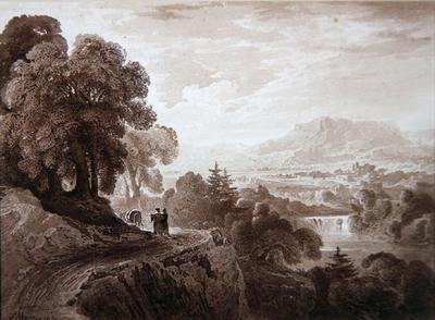 Travellers on a road above a river 1821