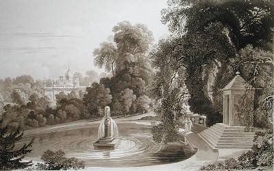 View of the Temple of Suryah and the Fountain of Mahah Doo with a distant view of the north side of the Mansion House