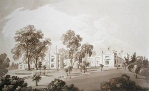 View of the Farm House with Screen to Stables and Farm buildings to Sezincote House