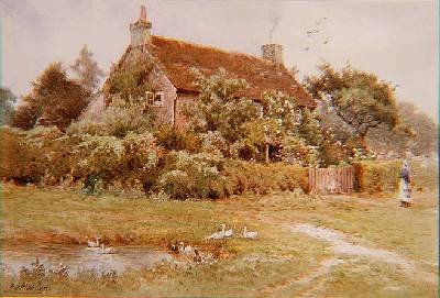 A Woman and Ducks near a Cottage in Summer