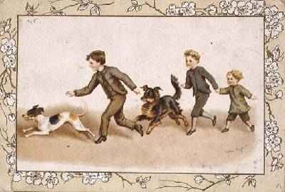 Greetings card depicting children playing with their dogs