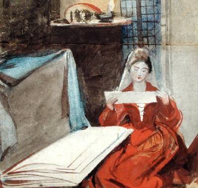 A Lady in a Medieval Costume studying the Contents of a Portfolio