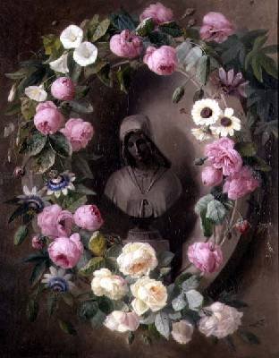 Garland with Roses and Passion Flowers Around a Bust of a Saint