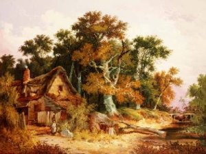 Woodland scene with cottage