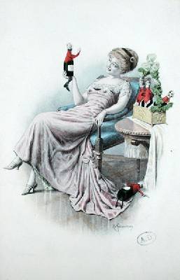 Postcard depicting a woman with bottles of champagne in the shape of men