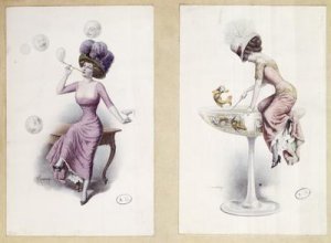 Postcards depicting a woman blowing bubbles and fishing in a Champagne Glass