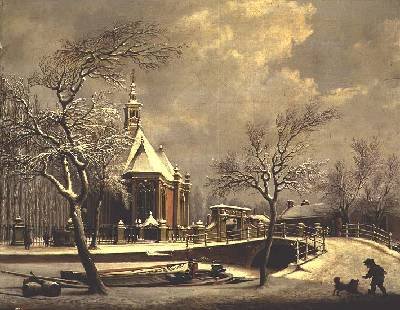 Dutch church beside a frozen canal