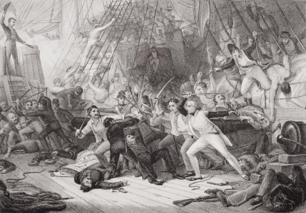 Nelson boarding the San Josef at the Battle of St Vincent