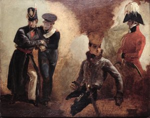 A Highlander Black Watch attending a General of Hussars, possibly Lord Uxbridge a study for The Battle of Waterloo