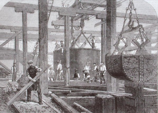 View of construction work taking place at Blackfriars Bridge for the London Chatham and Dover Railway showing the sinking of a cylinder for one of the circular stone piers