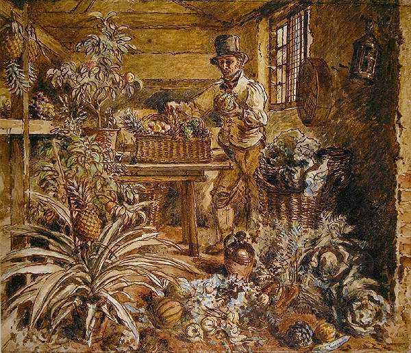 A Gardener in a Potting Shed with Pineapples and Various Vegetables