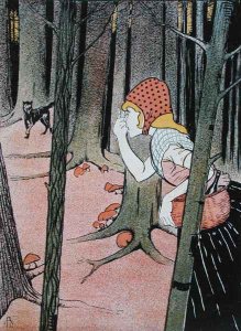 Little Red Riding Hood sees the Wolf in the Forest