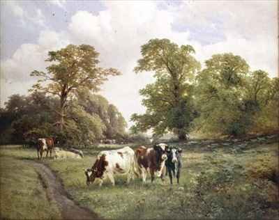 Cattle Grazing by a Path in a Wooded Landscape