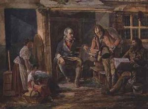 Group including a soldier outside a cottage door