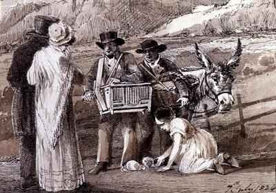 Two men selling guinea pigs one with an organ grinder