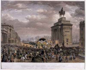 The Duke of Wellingtons 1769-1852 funeral car passing the Archway at Apsley House on 18th November 1852