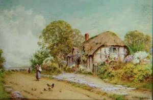 Two Children with a Rabbit Outside a Cottage by the Sea